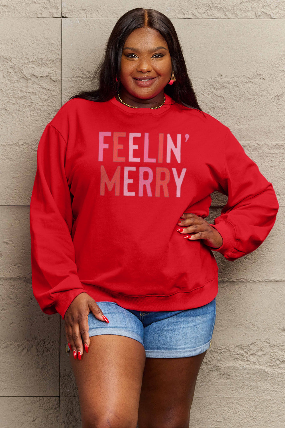 FEELIN' MERRY Simply Love Full Size Graphic Round Neck Sweatshirt