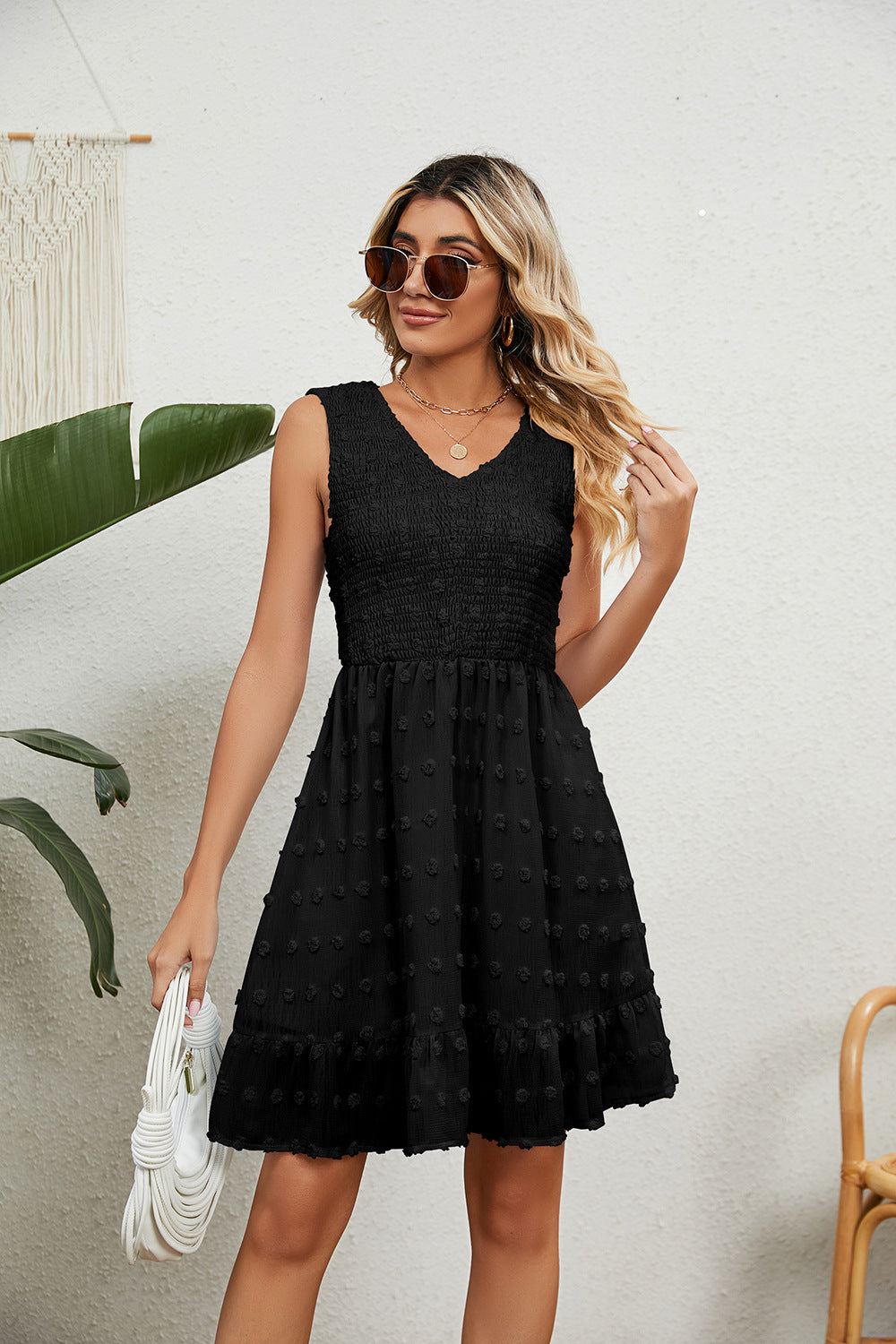 Swiss Dot V-Neck Sleeveless Dress