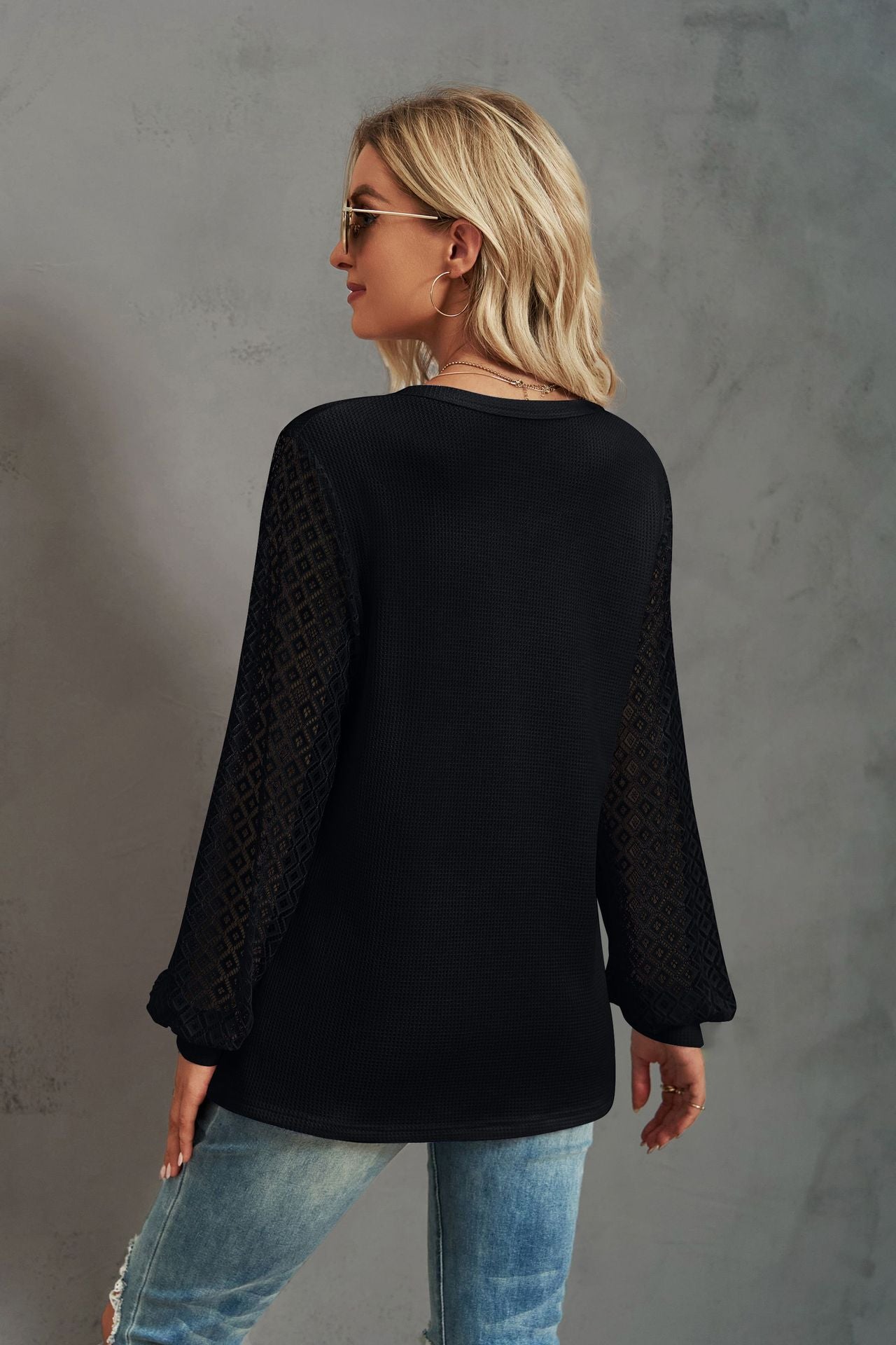 Waffle-Knit Lace Lantern Sleeve Henley Top