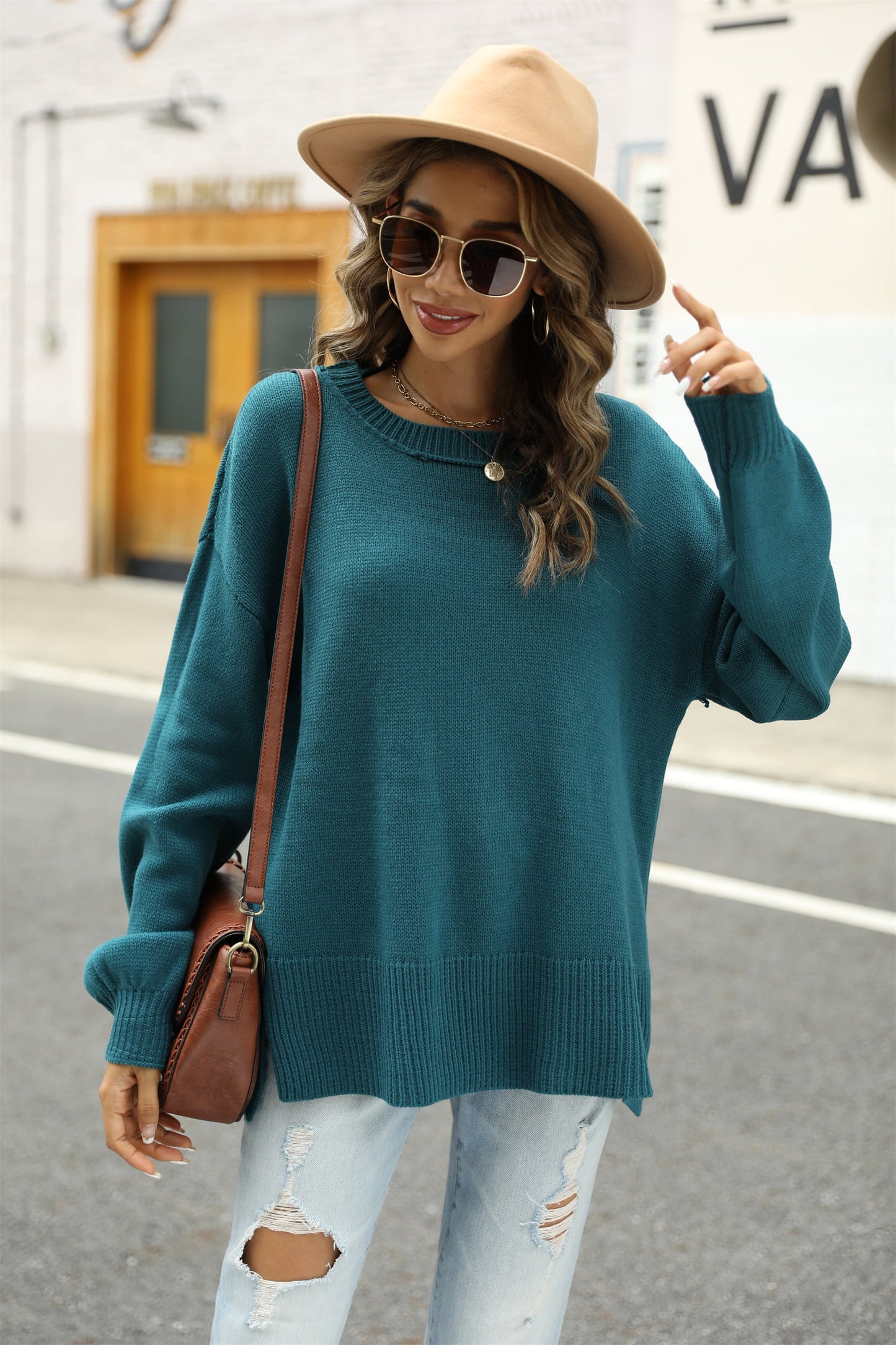 YSJY Round Neck Dropped Shoulder Slit Sweater