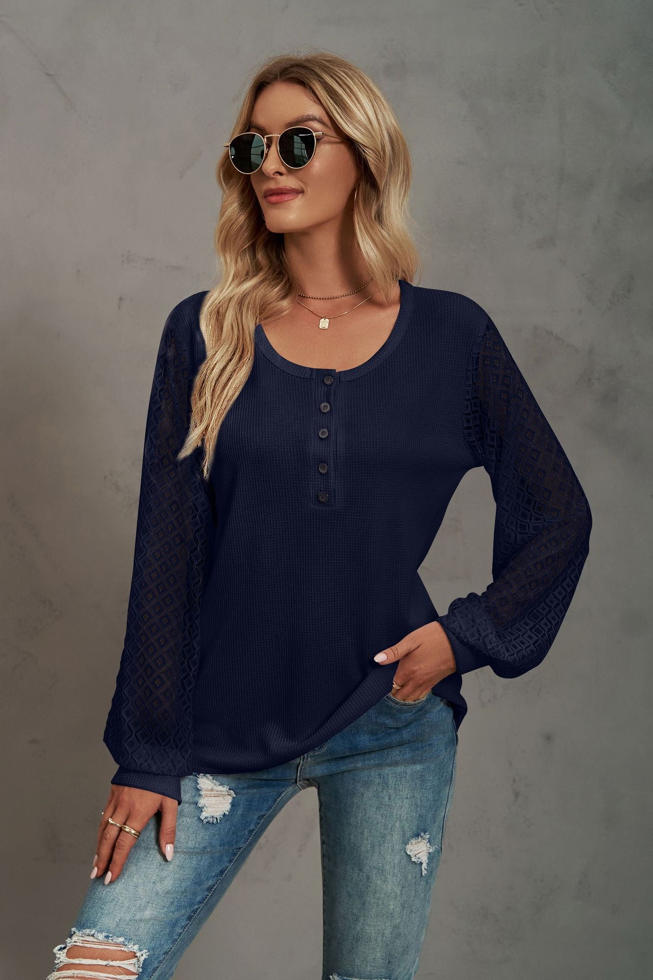 Waffle-Knit Lace Lantern Sleeve Henley Top
