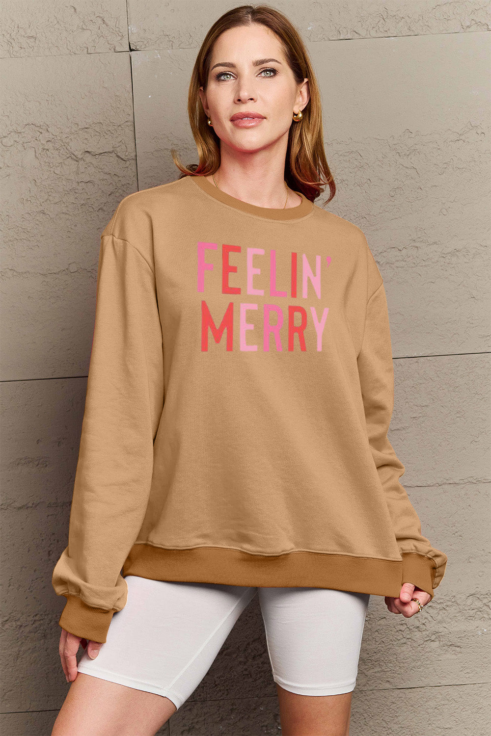 FEELIN' MERRY Simply Love Full Size Graphic Round Neck Sweatshirt