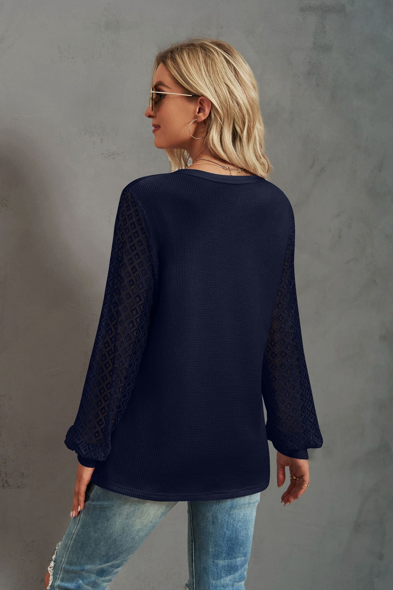 Waffle-Knit Lace Lantern Sleeve Henley Top
