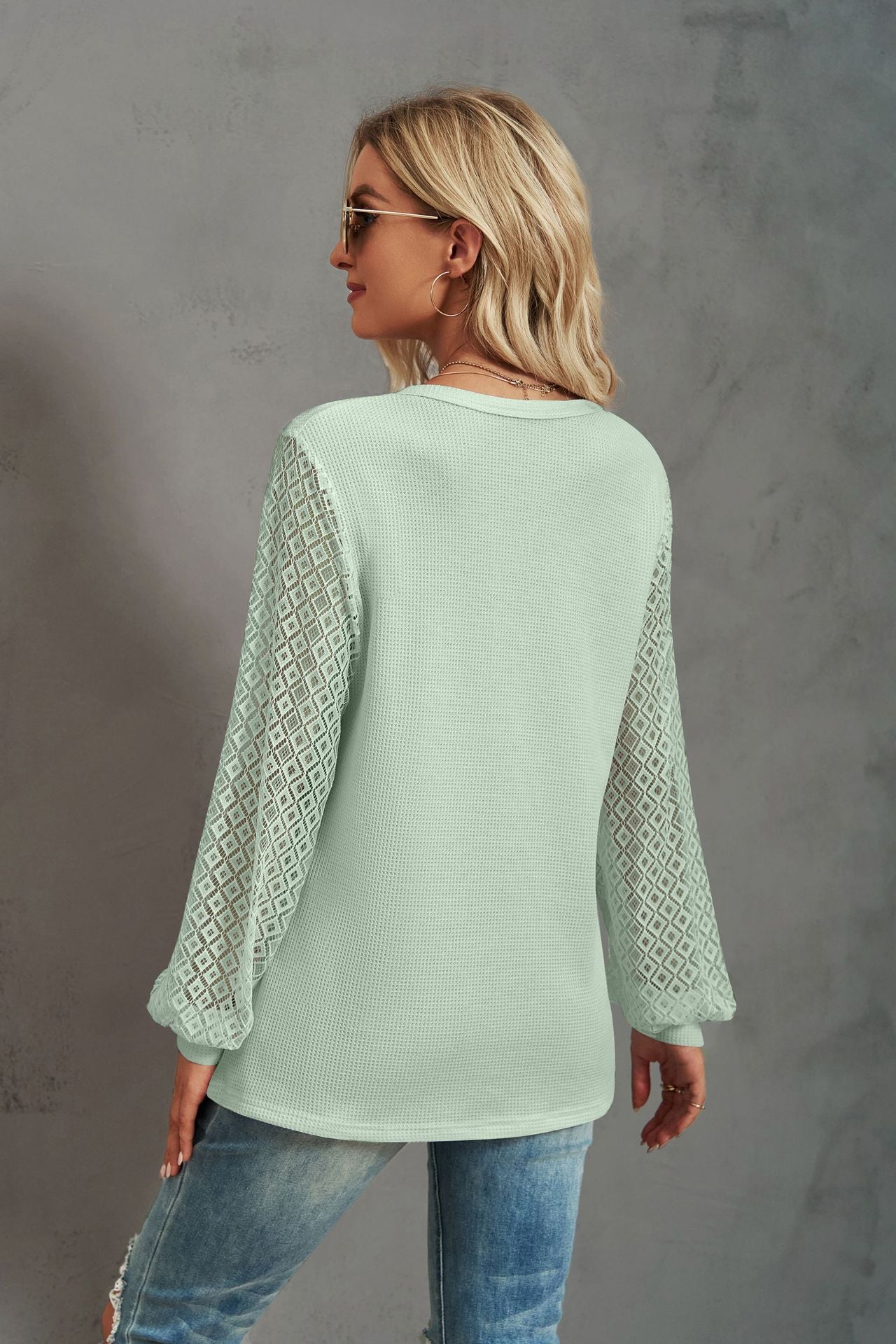Waffle-Knit Lace Lantern Sleeve Henley Top