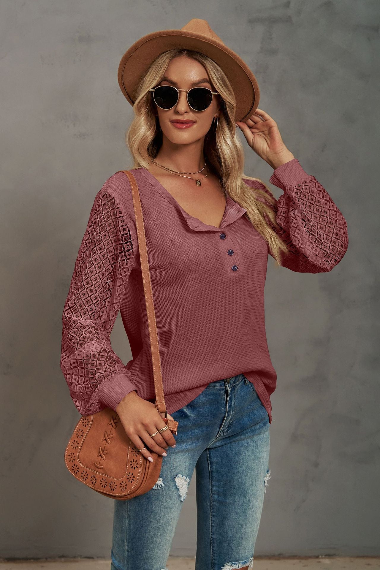 Waffle-Knit Lace Lantern Sleeve Henley Top