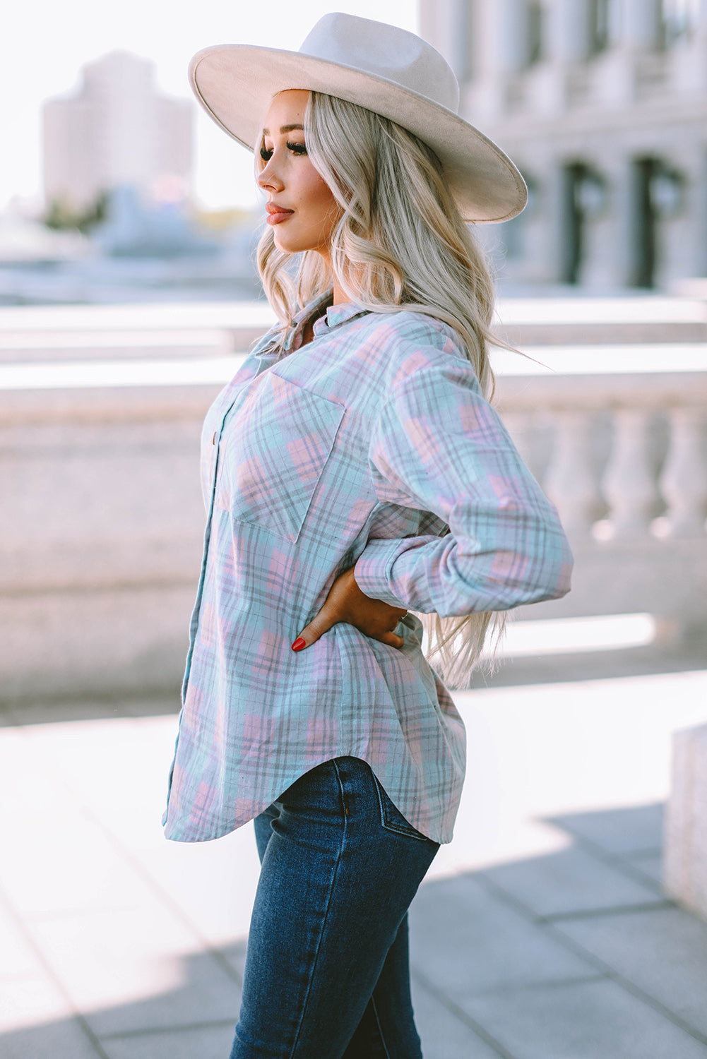 Plaid Button-Up Curved Hem Shirt