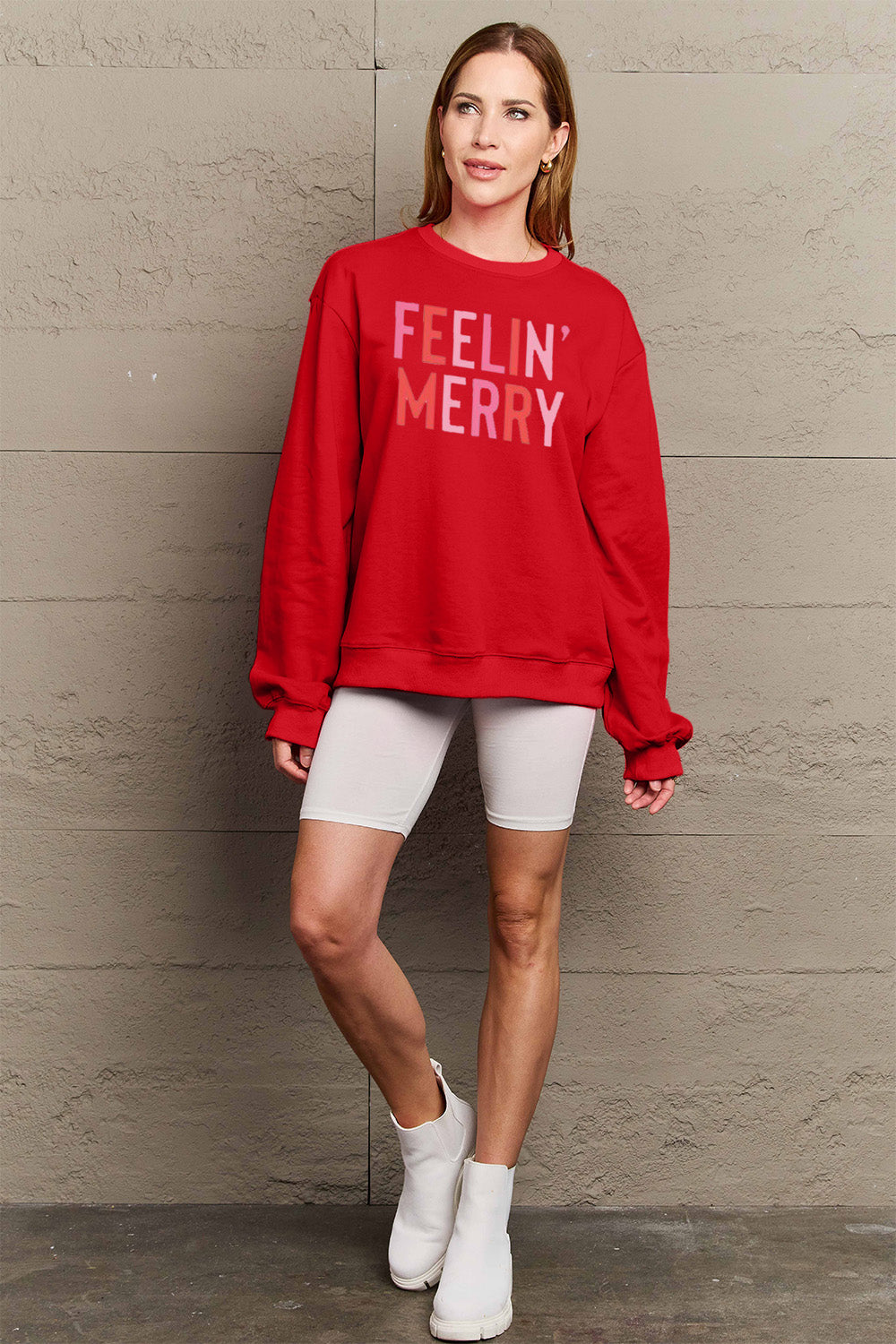 FEELIN' MERRY Simply Love Full Size Graphic Round Neck Sweatshirt