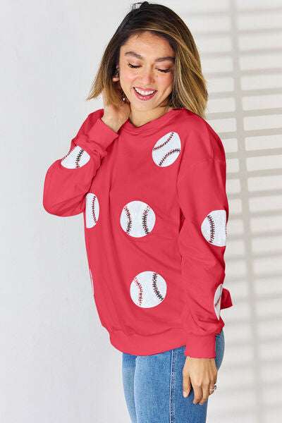 Sequin Ball Baseball Softball Round Neck Dropped Shoulder Sweatshirt