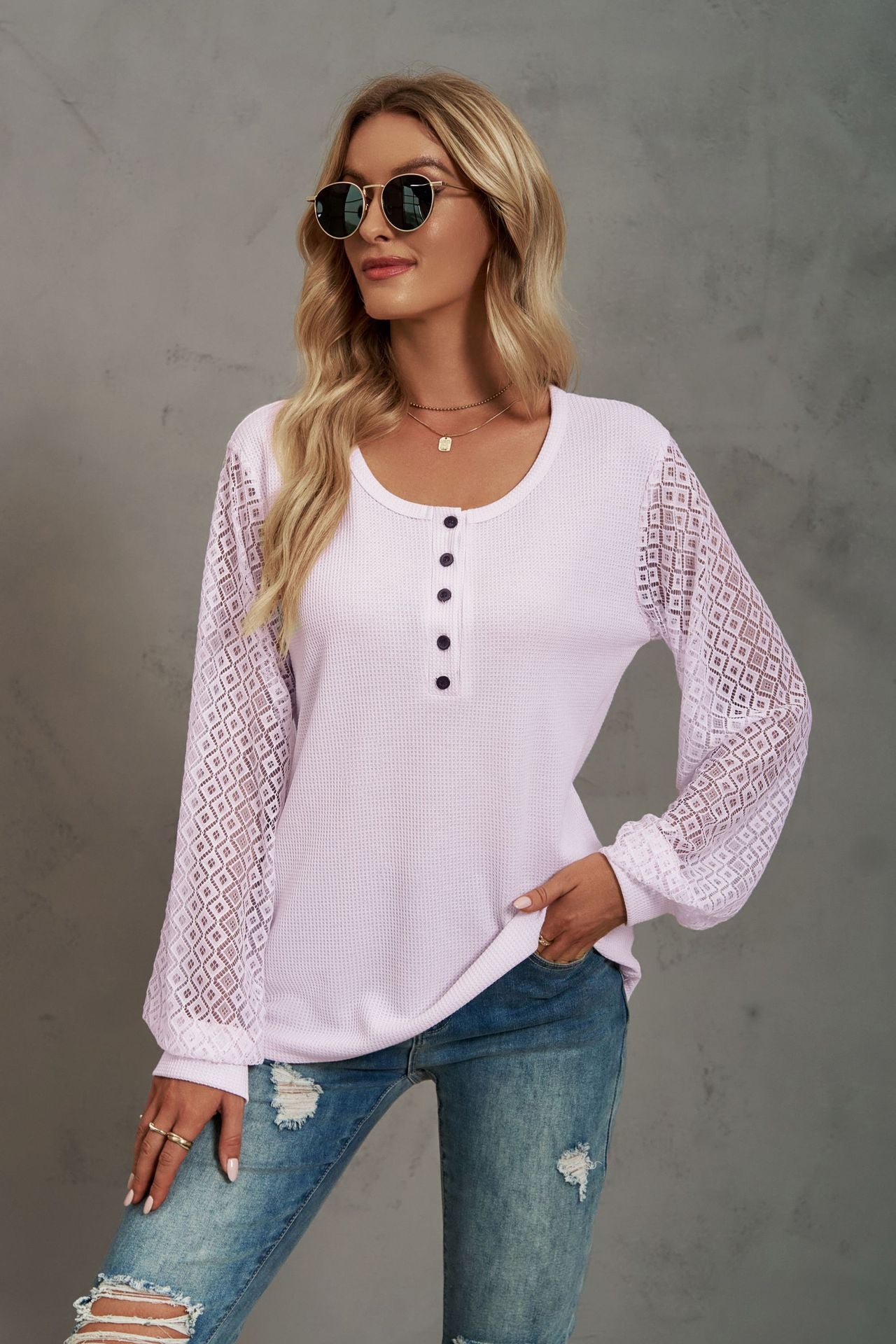 Waffle-Knit Lace Lantern Sleeve Henley Top