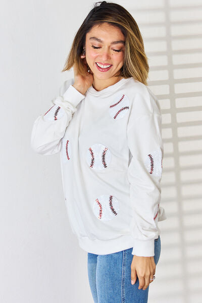 Sequin Ball Baseball Softball Round Neck Dropped Shoulder Sweatshirt
