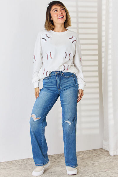Sequin Ball Baseball Softball Round Neck Dropped Shoulder Sweatshirt