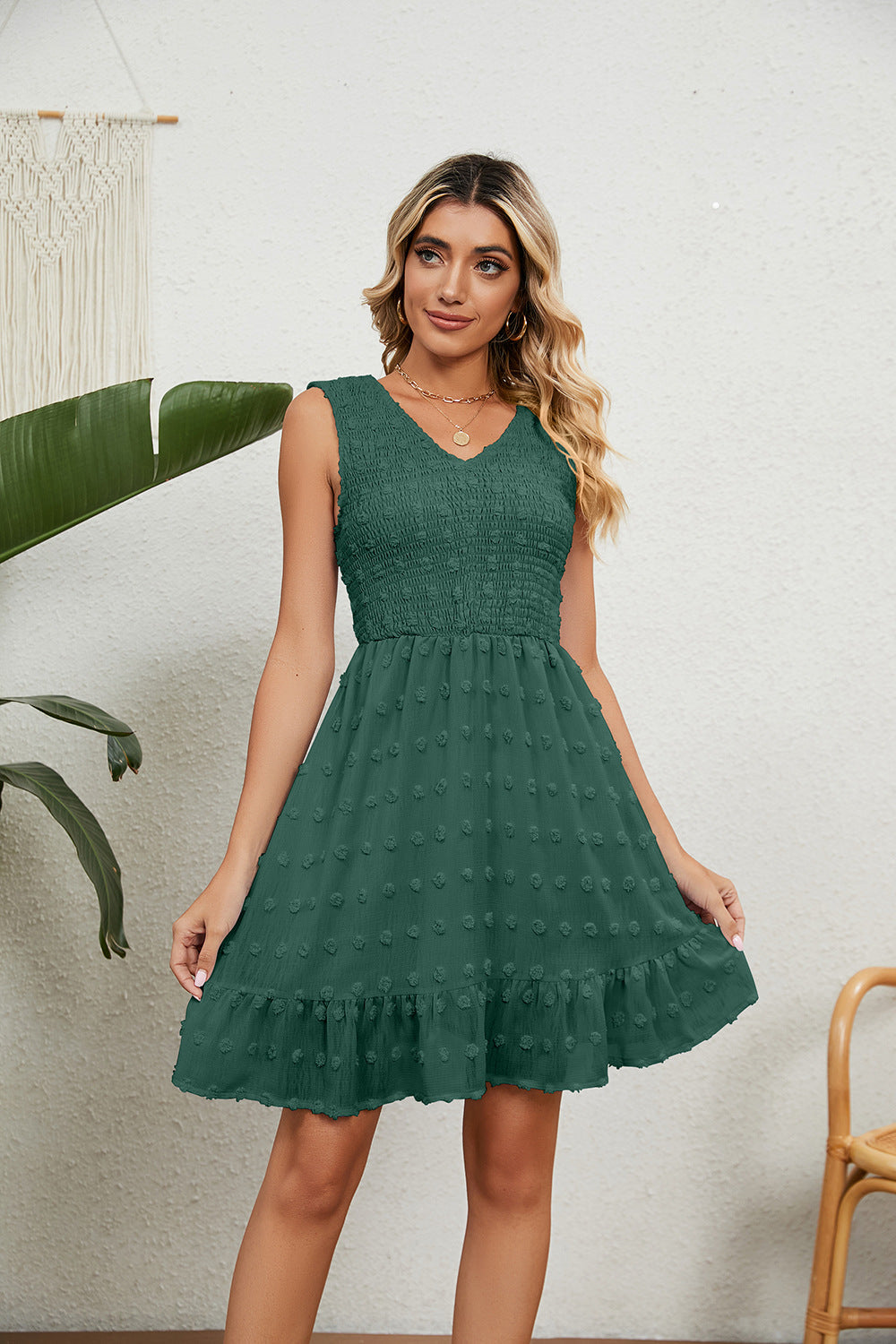 Swiss Dot V-Neck Sleeveless Dress