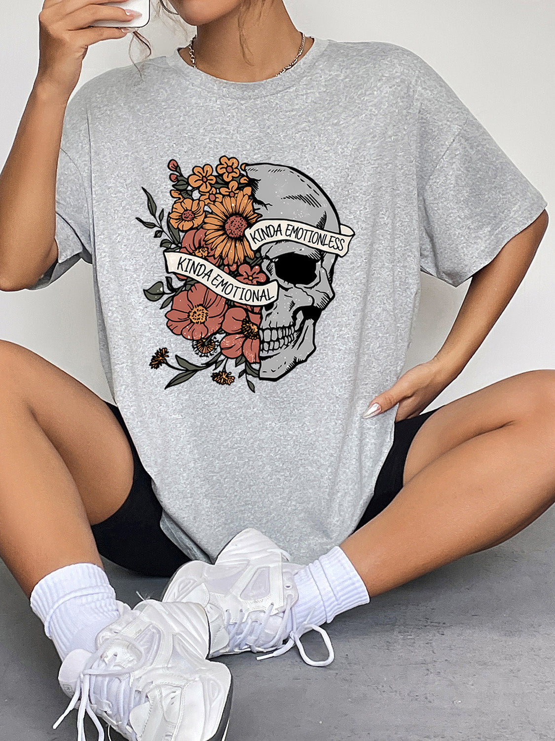 Kinda Emotional Kinda Emotionless Skull Round Neck Short Sleeve Graphic T-Shirt