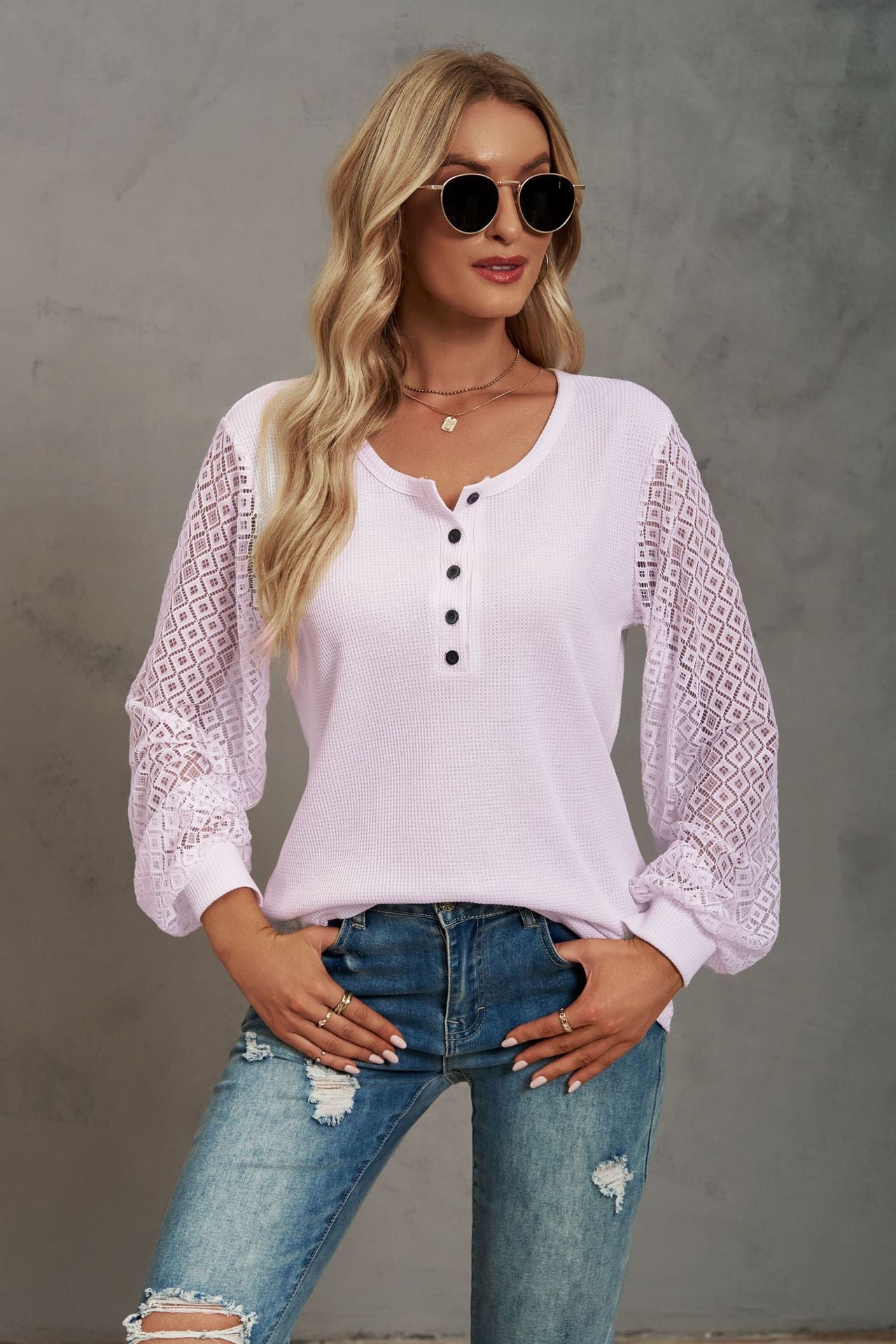 Waffle-Knit Lace Lantern Sleeve Henley Top