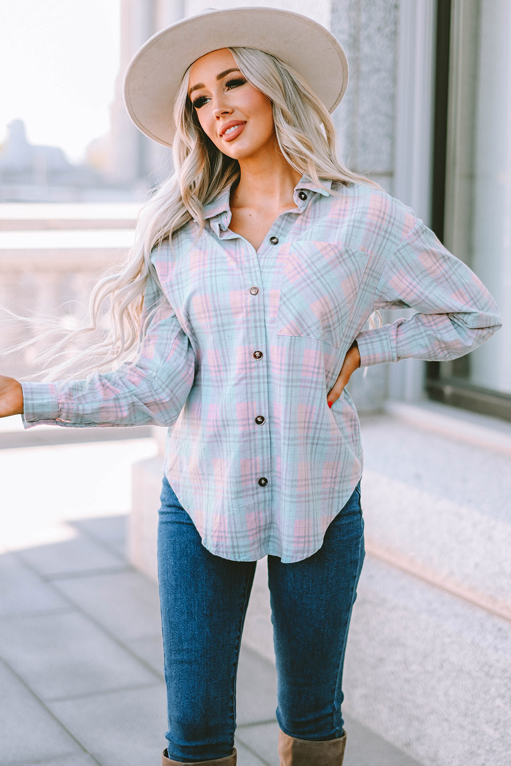 Plaid Button-Up Curved Hem Shirt