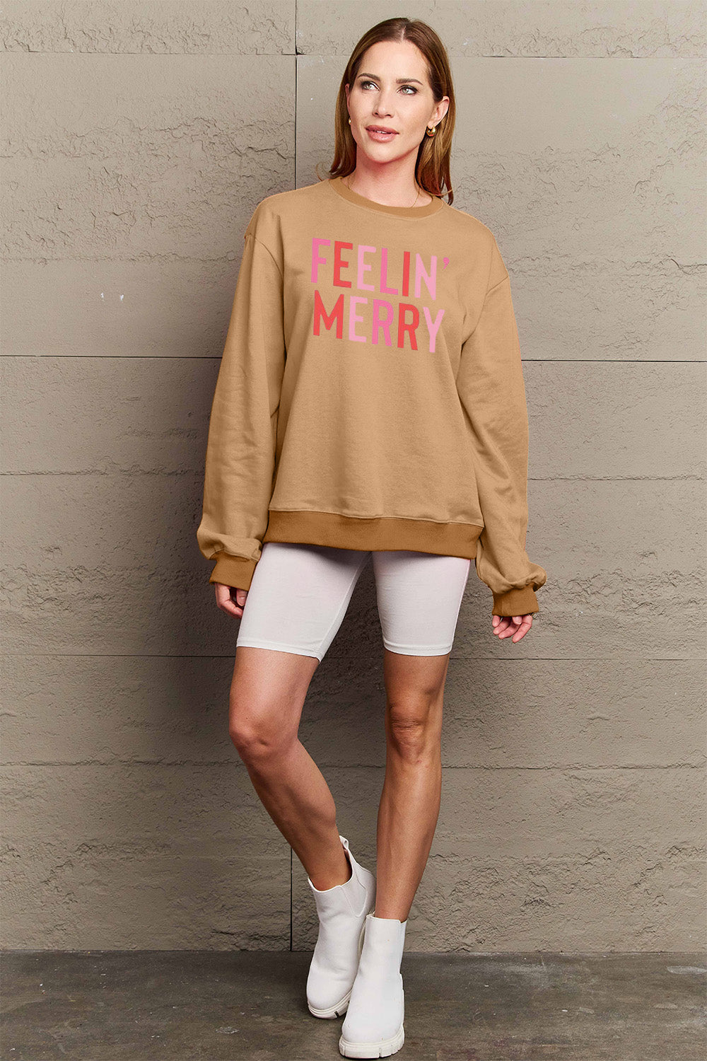 FEELIN' MERRY Simply Love Full Size Graphic Round Neck Sweatshirt