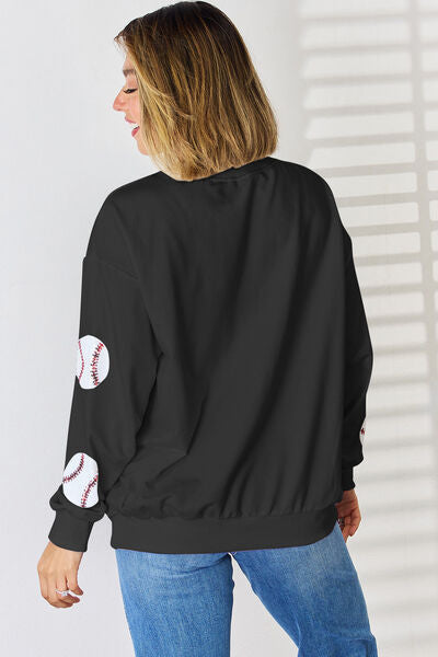 Sequin Ball Baseball Softball Round Neck Dropped Shoulder Sweatshirt