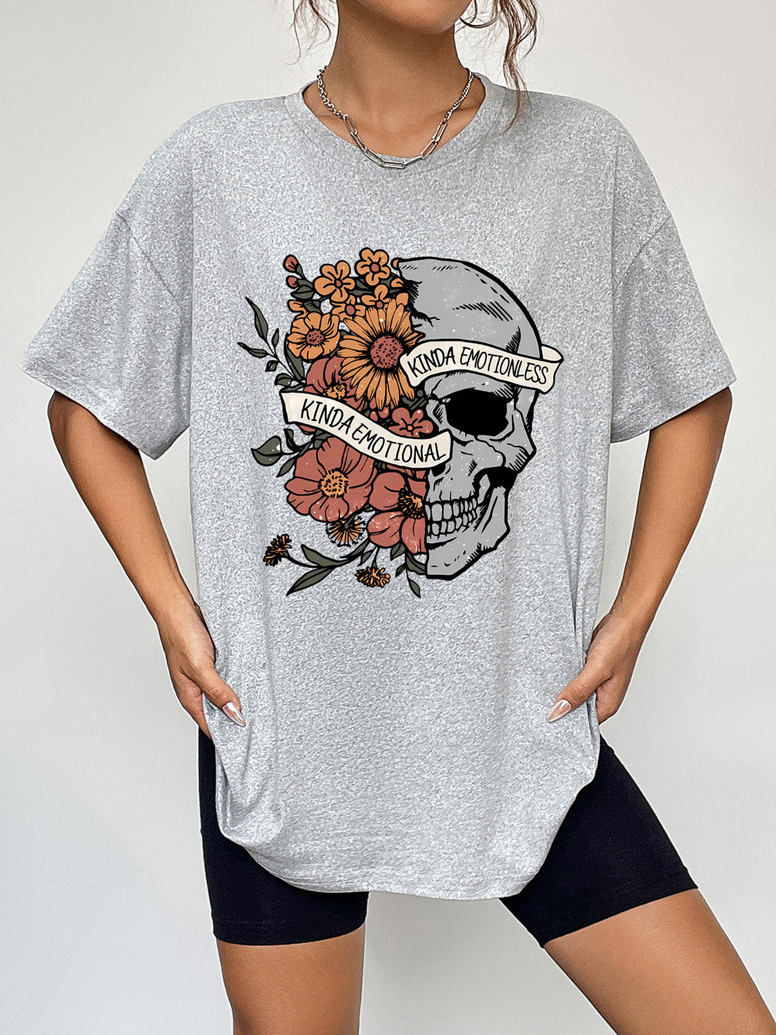 Kinda Emotional Kinda Emotionless Skull Round Neck Short Sleeve Graphic T-Shirt