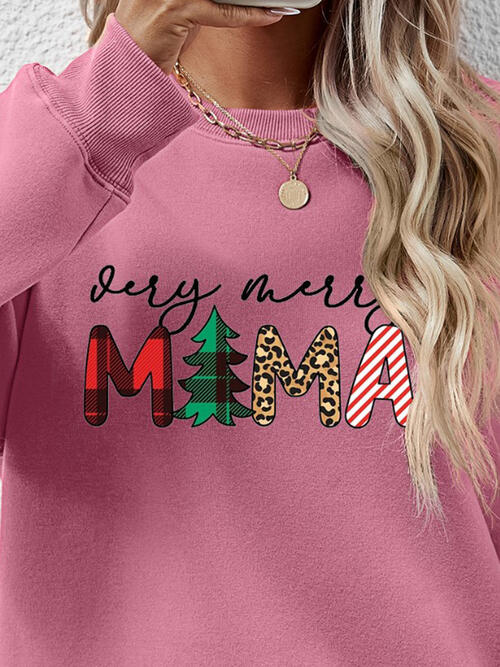 Very Merry Mama Letter Graphic Round Neck Long Sleeve Sweatshirt