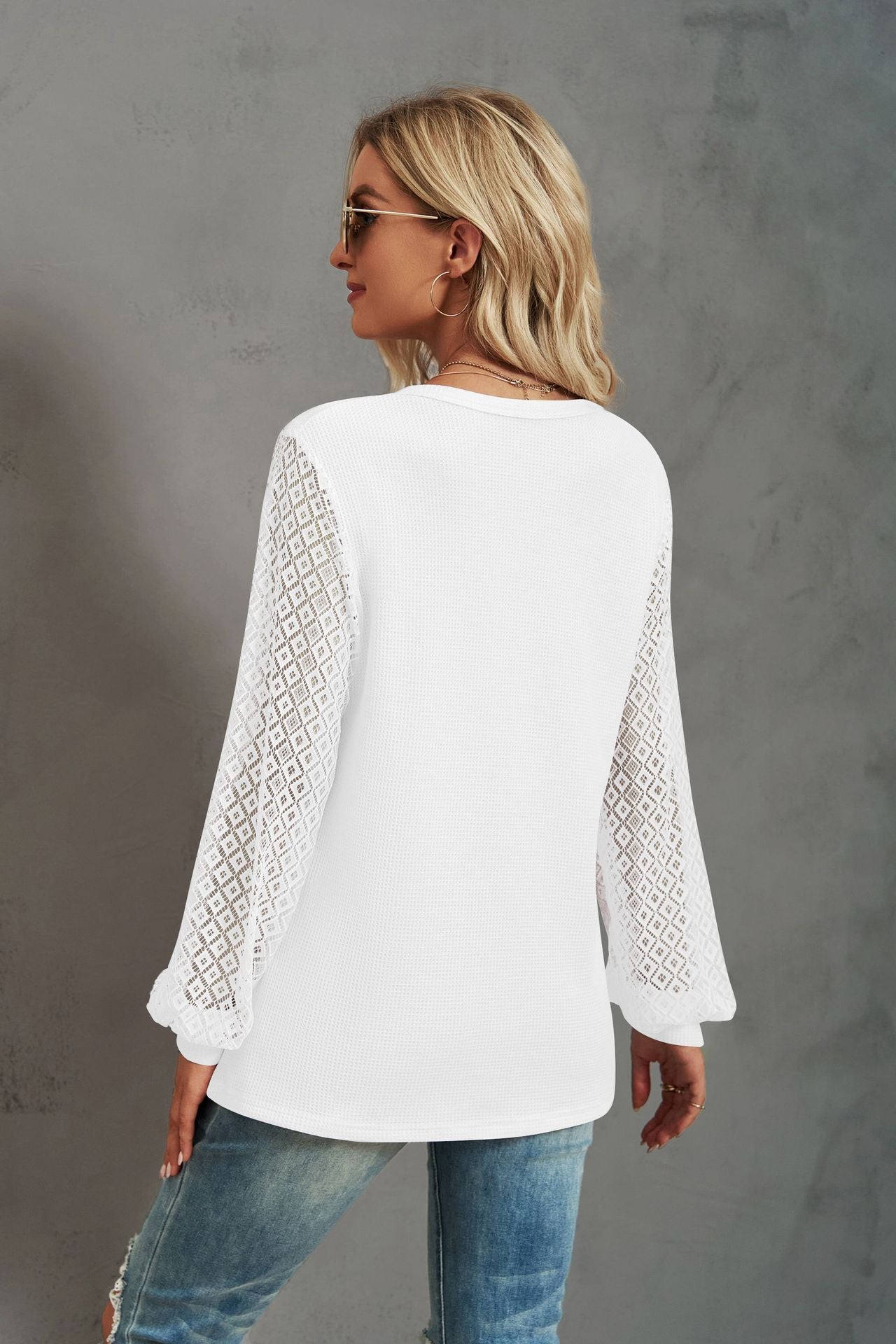 Waffle-Knit Lace Lantern Sleeve Henley Top