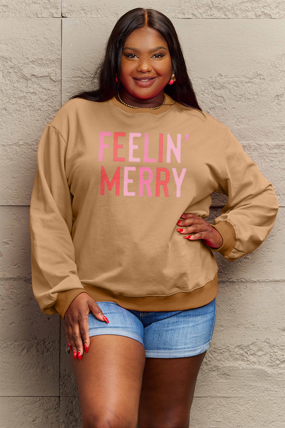 FEELIN' MERRY Simply Love Full Size Graphic Round Neck Sweatshirt