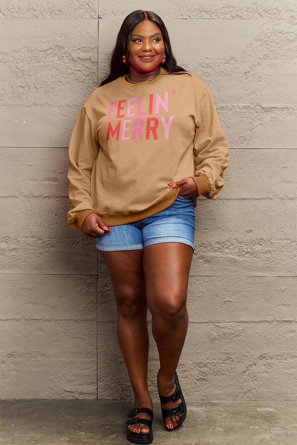 FEELIN' MERRY Simply Love Full Size Graphic Round Neck Sweatshirt