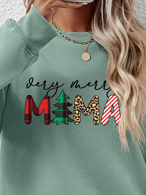 Very Merry Mama Letter Graphic Round Neck Long Sleeve Sweatshirt