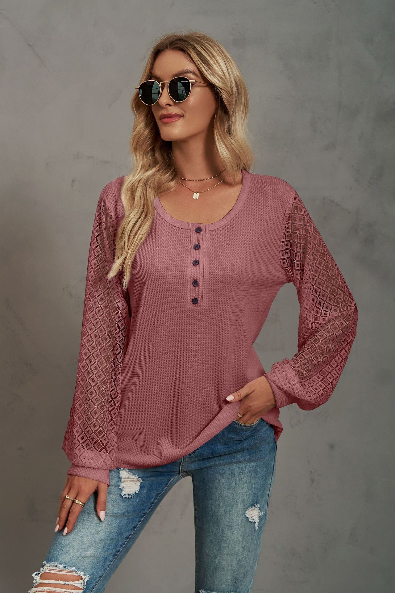 Waffle-Knit Lace Lantern Sleeve Henley Top