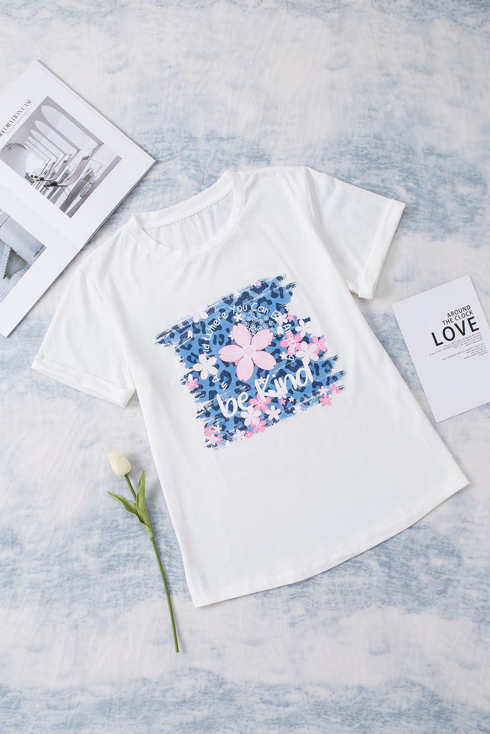 BE KIND Leopard Floral Graphic Round Neck Tee