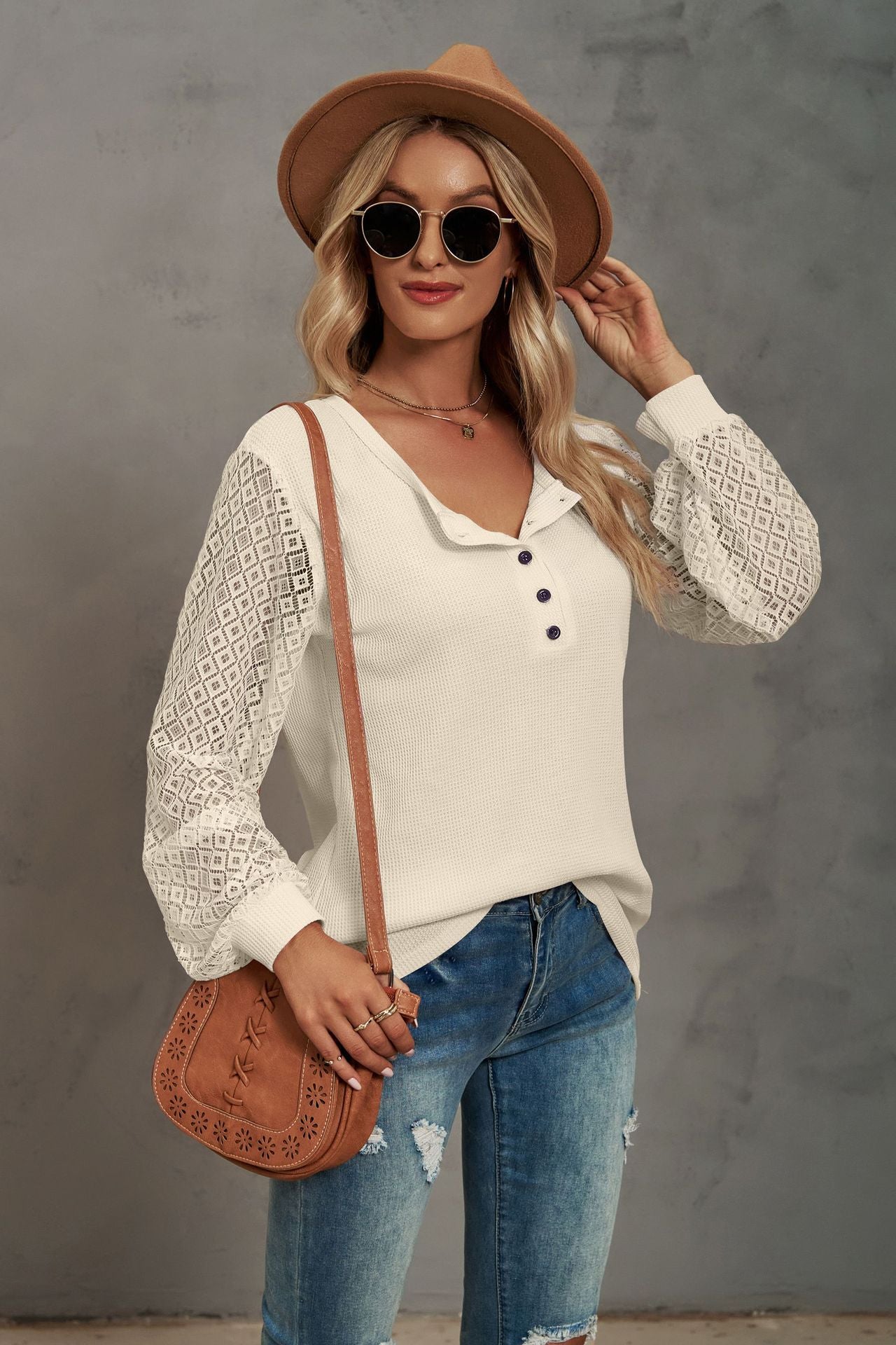 Waffle-Knit Lace Lantern Sleeve Henley Top