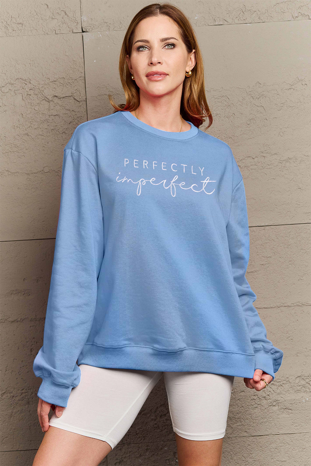 PERFECTLY Imperfect Simply Love Full Size Graphic Round Neck Sweatshirt