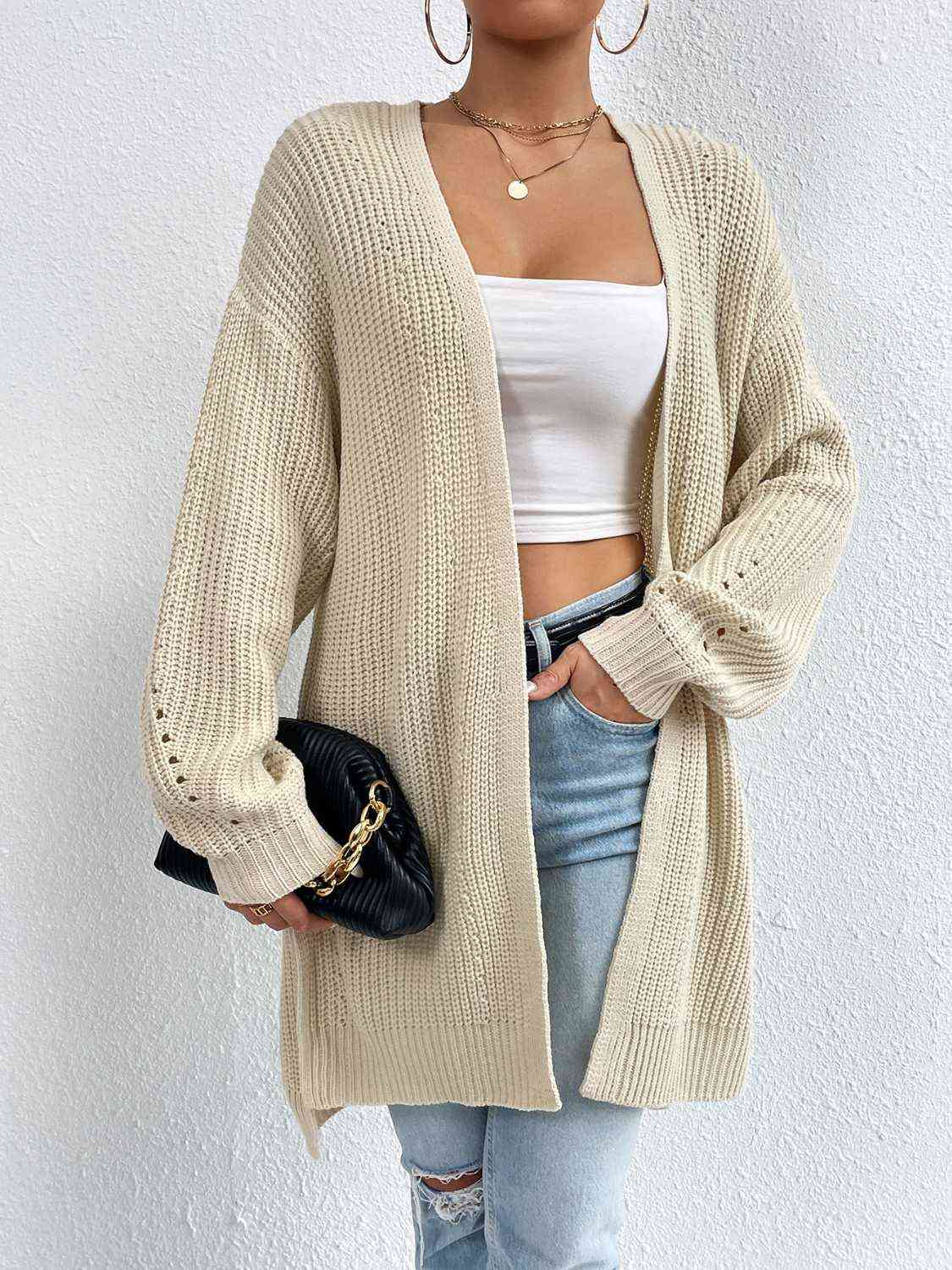 Yh Open Front Dropped Shoulder Slit Cardigan