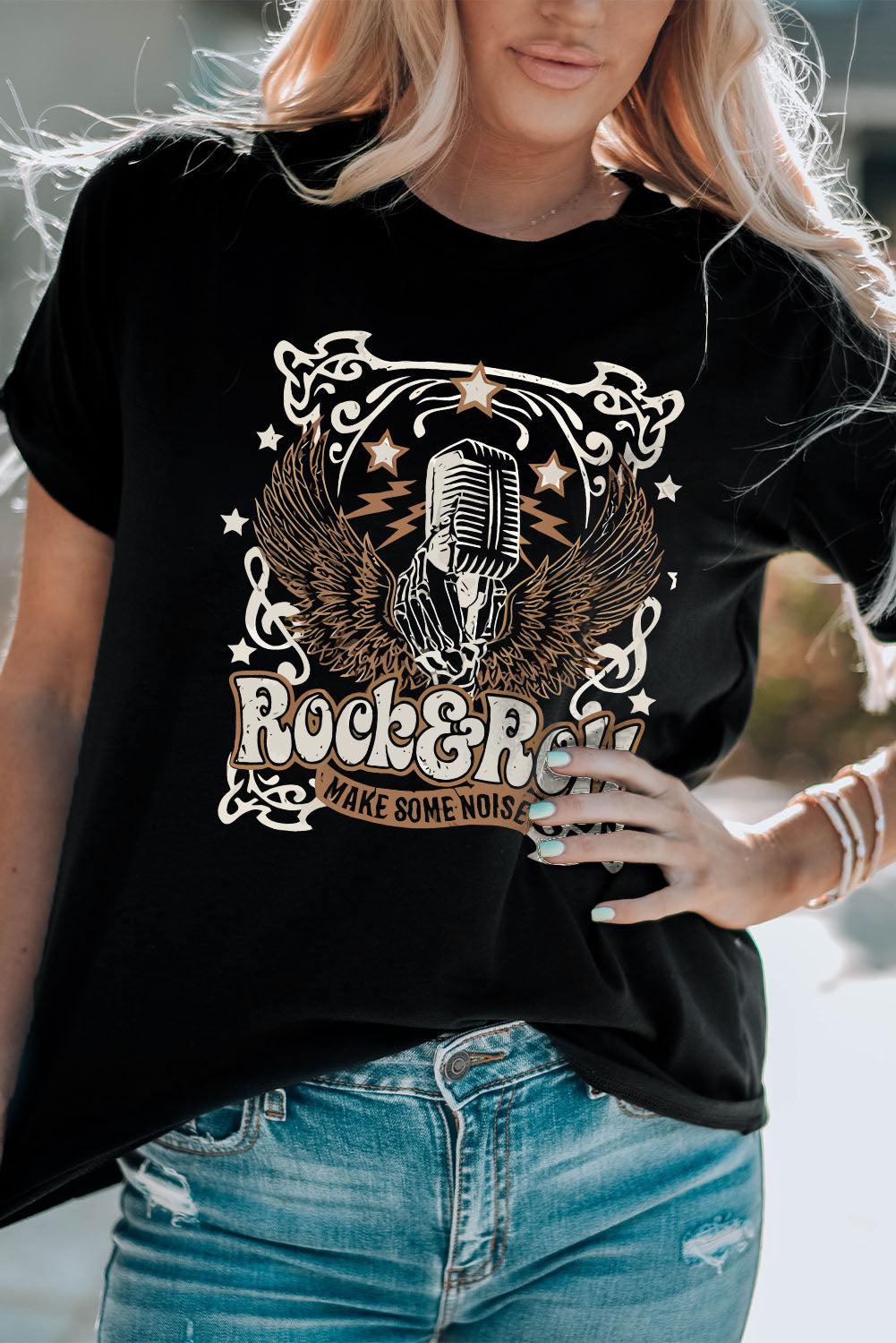 ROCK & ROLL Slogan Graphic Short Sleeve T-Shirt