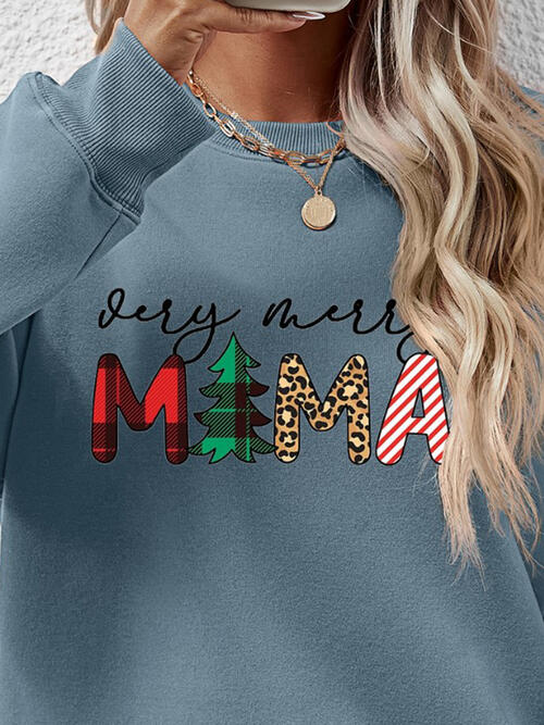 Very Merry Mama Letter Graphic Round Neck Long Sleeve Sweatshirt
