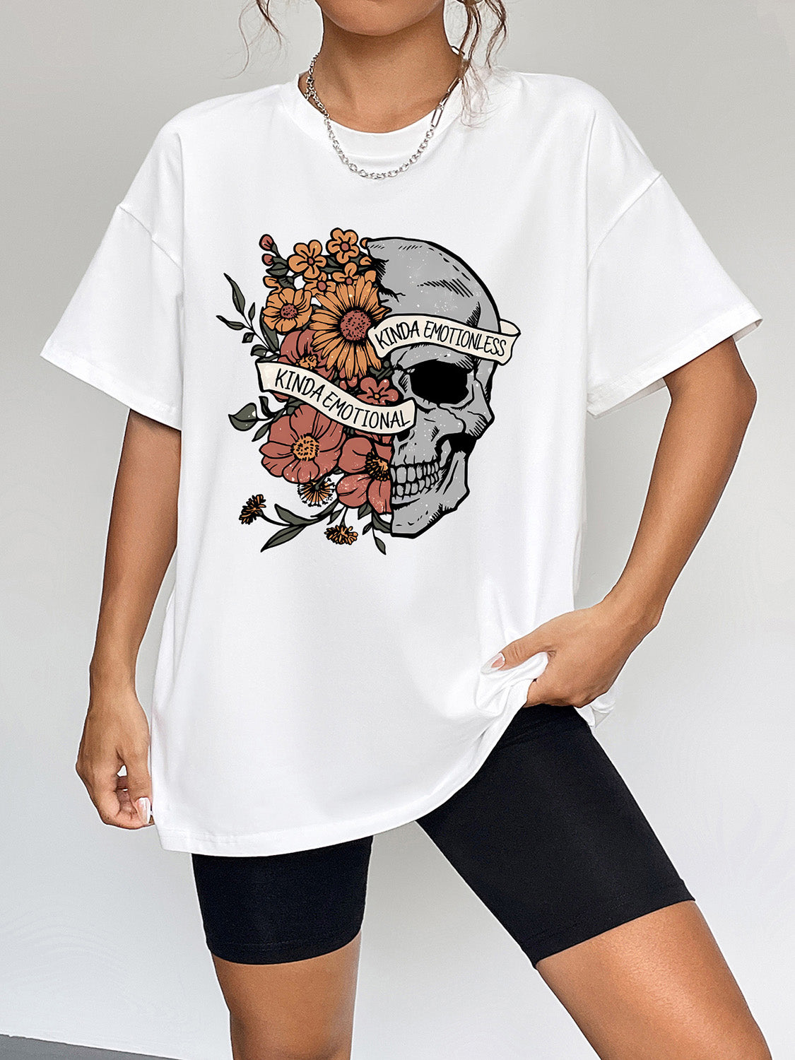 Kinda Emotional Kinda Emotionless Skull Round Neck Short Sleeve Graphic T-Shirt