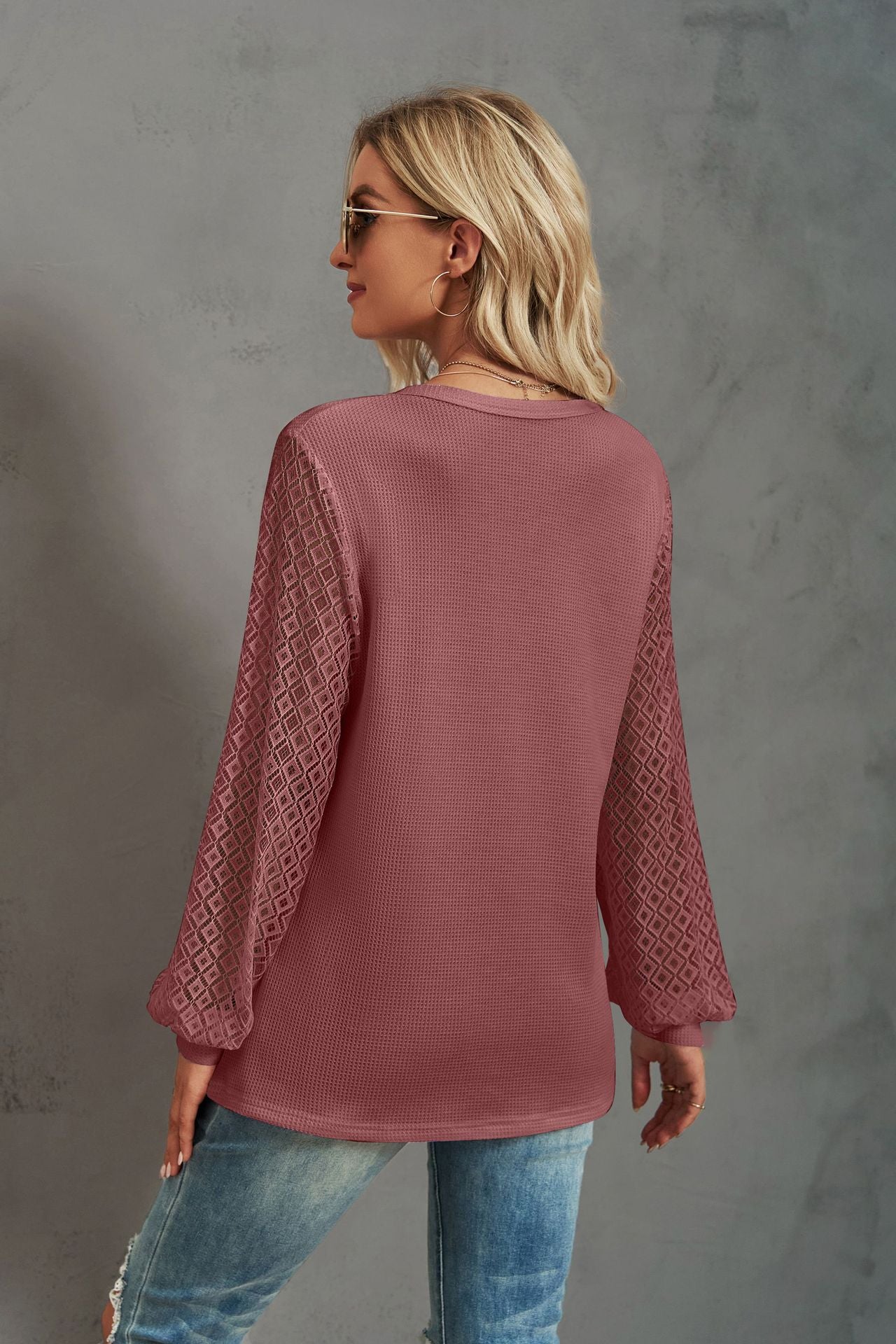 Waffle-Knit Lace Lantern Sleeve Henley Top