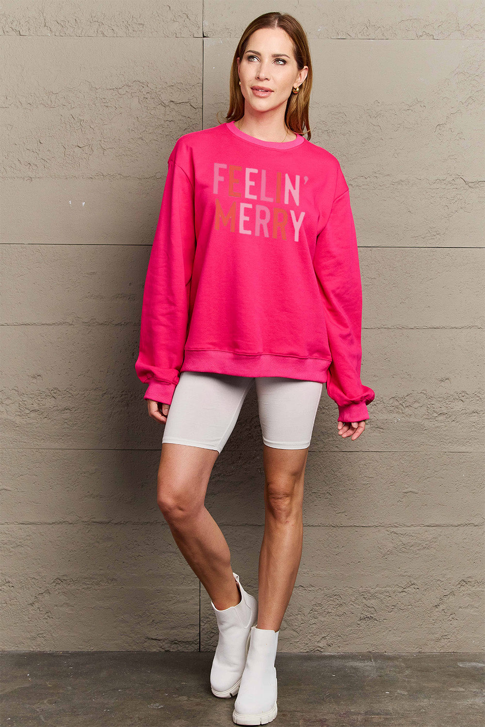 FEELIN' MERRY Simply Love Full Size Graphic Round Neck Sweatshirt