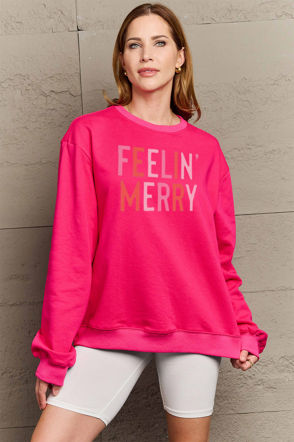 FEELIN' MERRY Simply Love Full Size Graphic Round Neck Sweatshirt