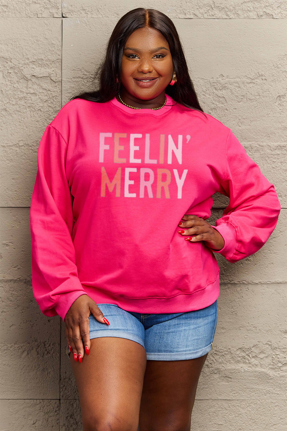 FEELIN' MERRY Simply Love Full Size Graphic Round Neck Sweatshirt