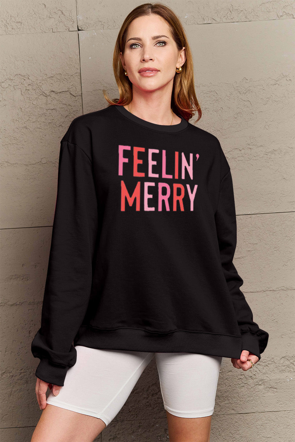 FEELIN' MERRY Simply Love Full Size Graphic Round Neck Sweatshirt