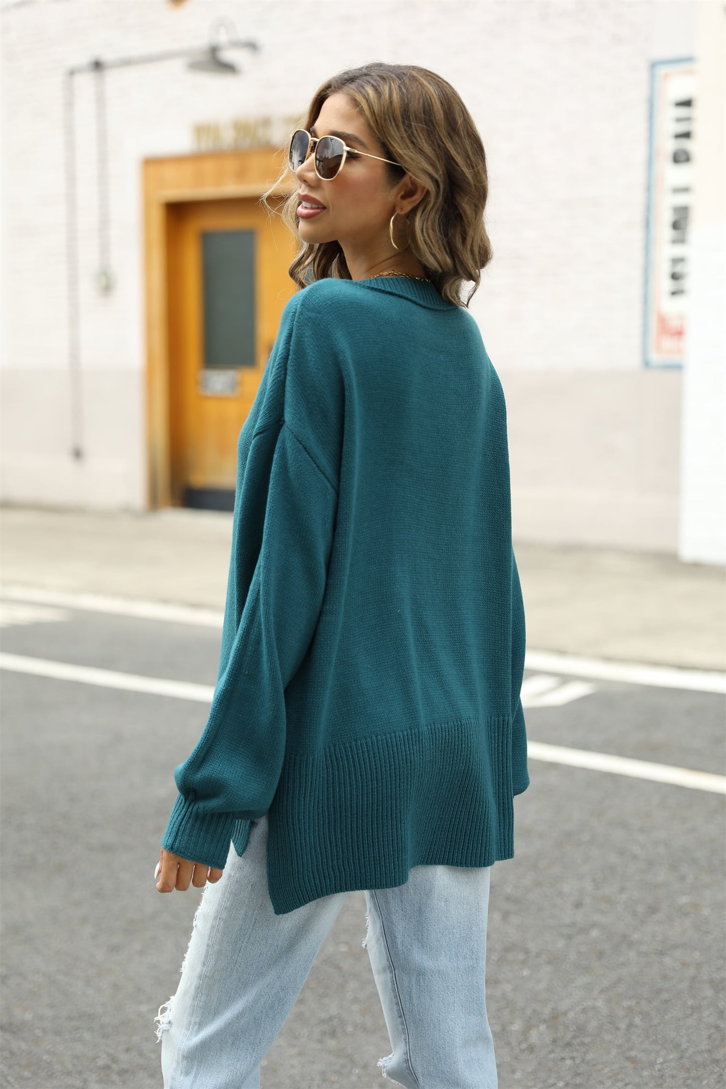 YSJY Round Neck Dropped Shoulder Slit Sweater