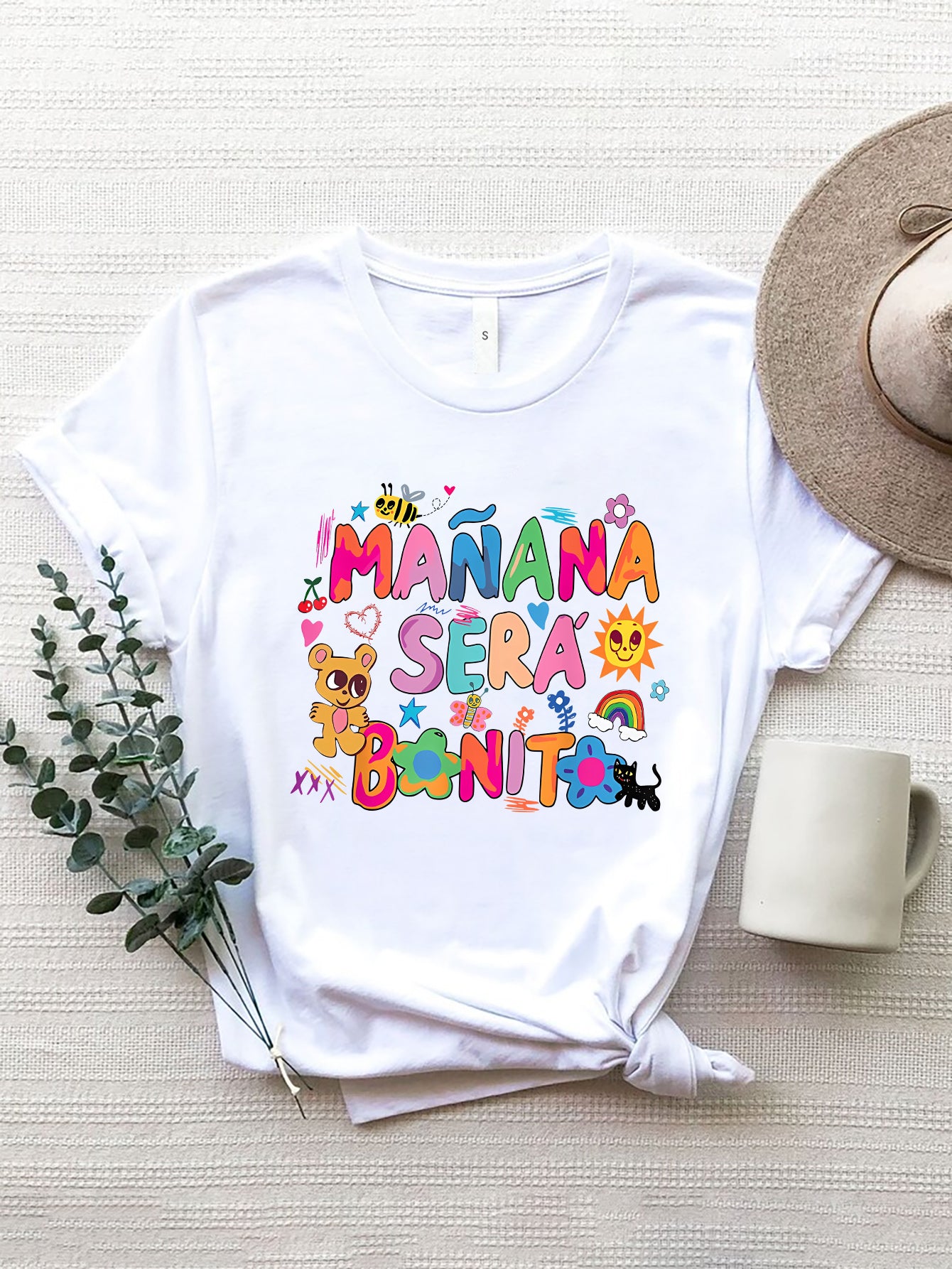 MAÑANA SERÁ BONITO Letter Graphic Round Neck Short Sleeve T-Shirt