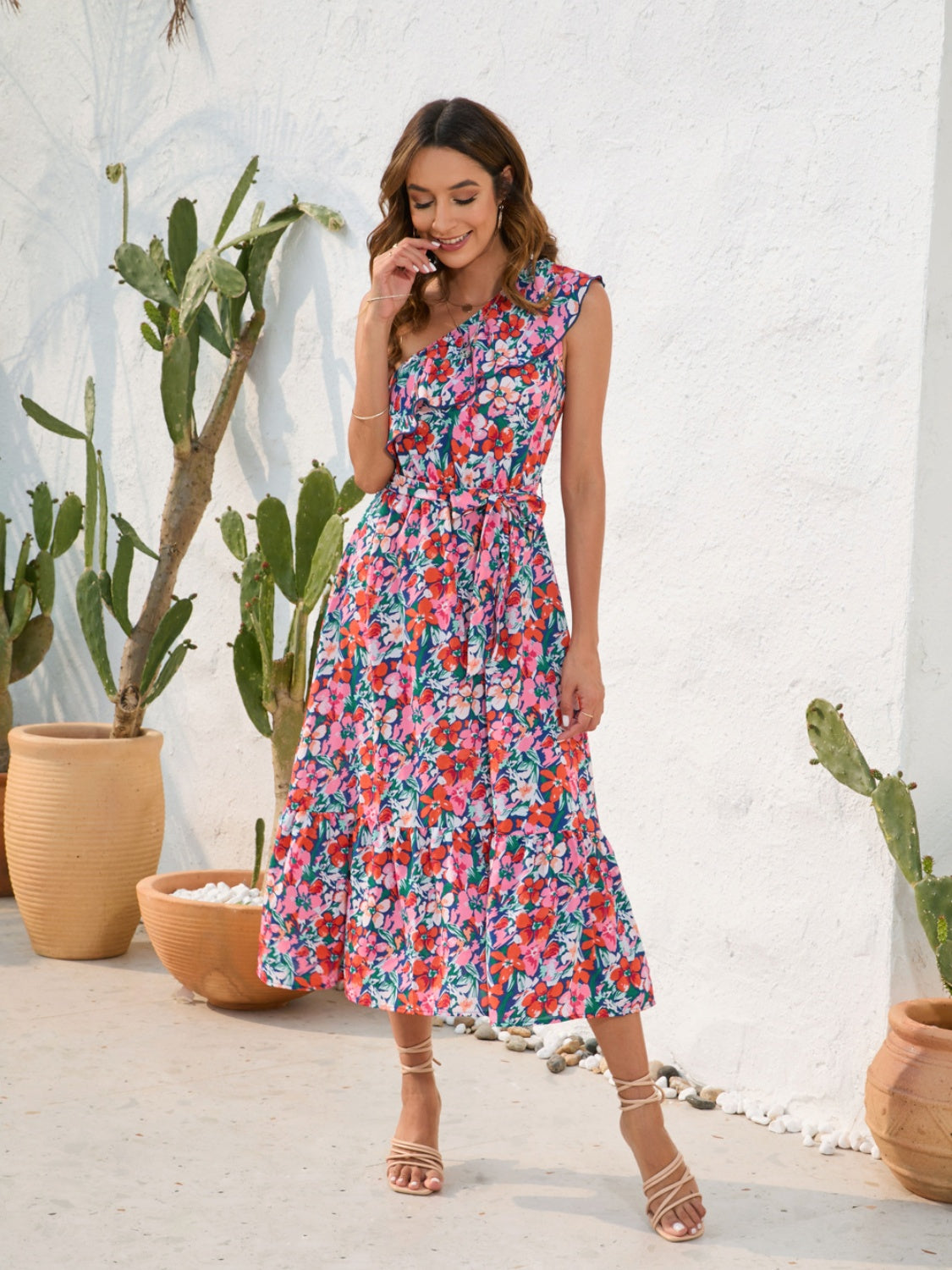 Ruffled Printed One Shoulder Midi Dress