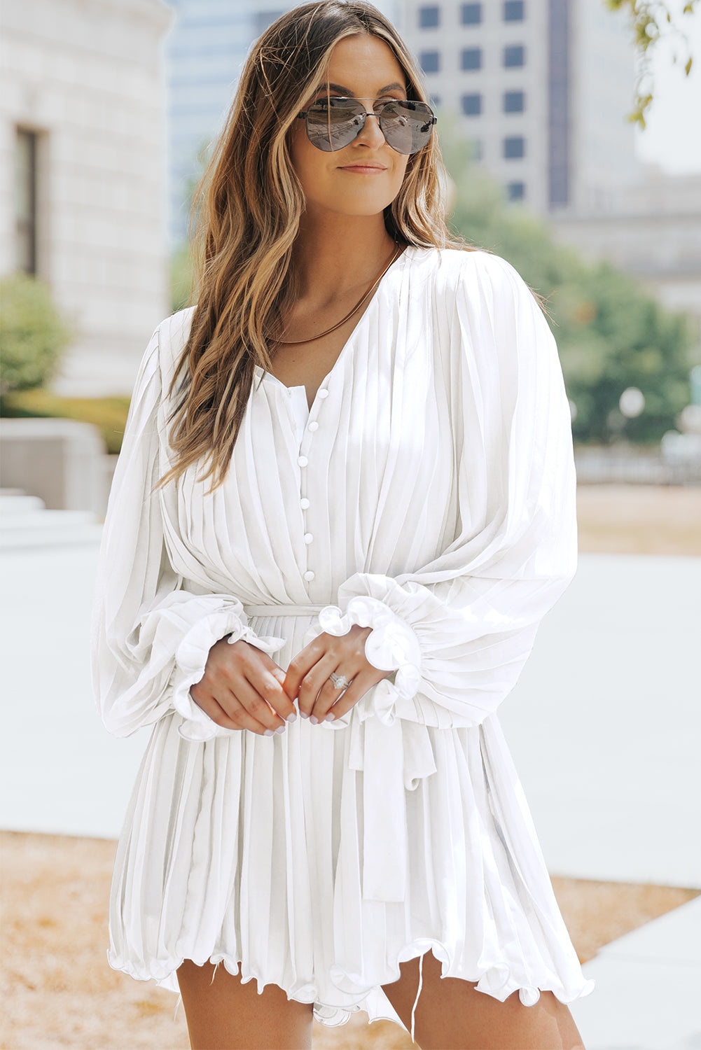 Pleated Button Front Flounce Sleeve Romper