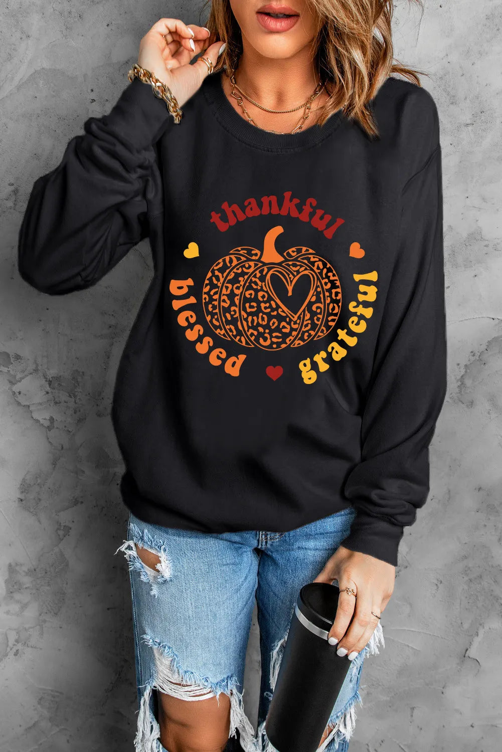 THANKFUL GRATEFUL BLESSED Pumpkin Graphic Long Sleeve Sweatshirt