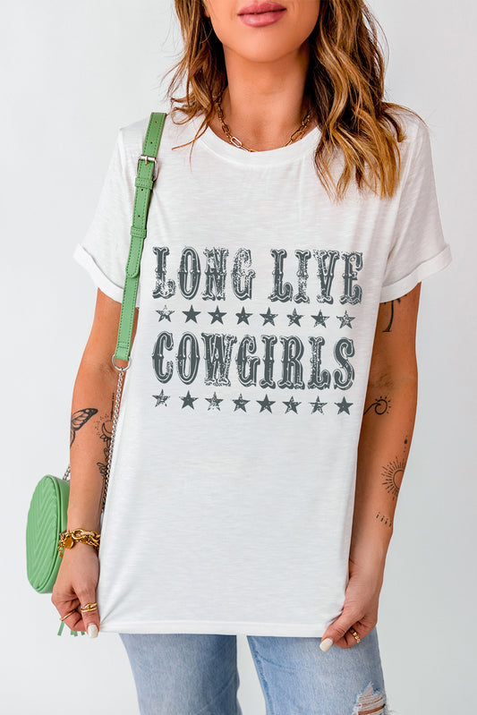 LONG LIVE COWGIRLS Letter Graphic Round Neck Short Sleeve T-Shirt
