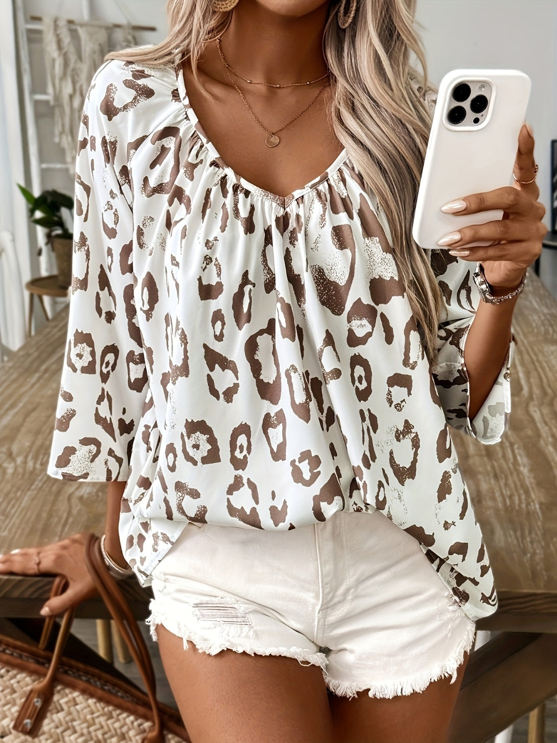 Ruched Leopard V-Neck Blouse