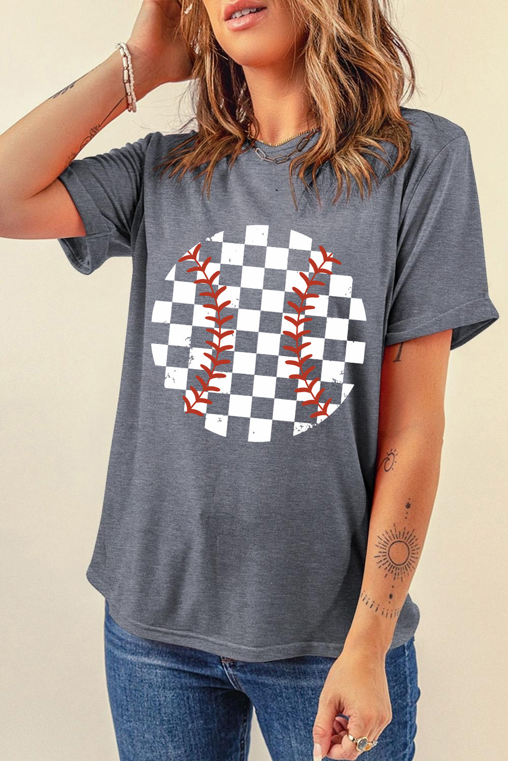 Baseball Softball Checkered Graphic Round Neck Short Sleeve T-Shirt