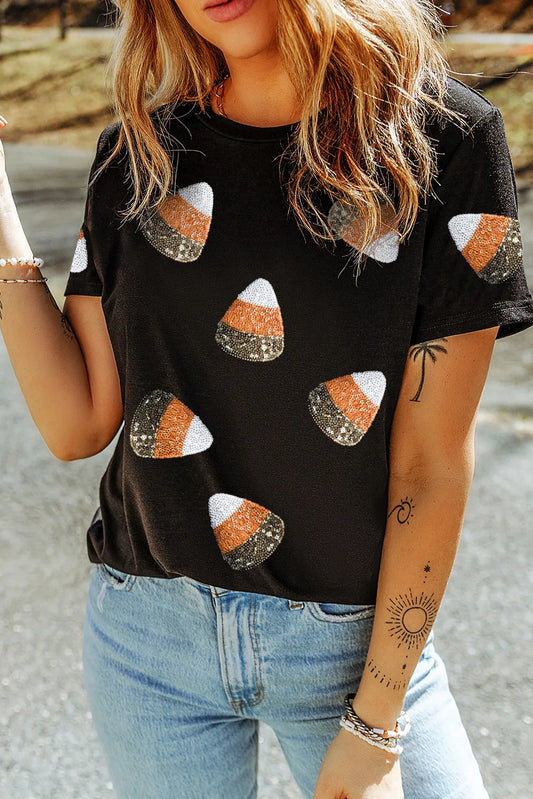 Candy Corn Sequin Round Neck Short Sleeve T-Shirt