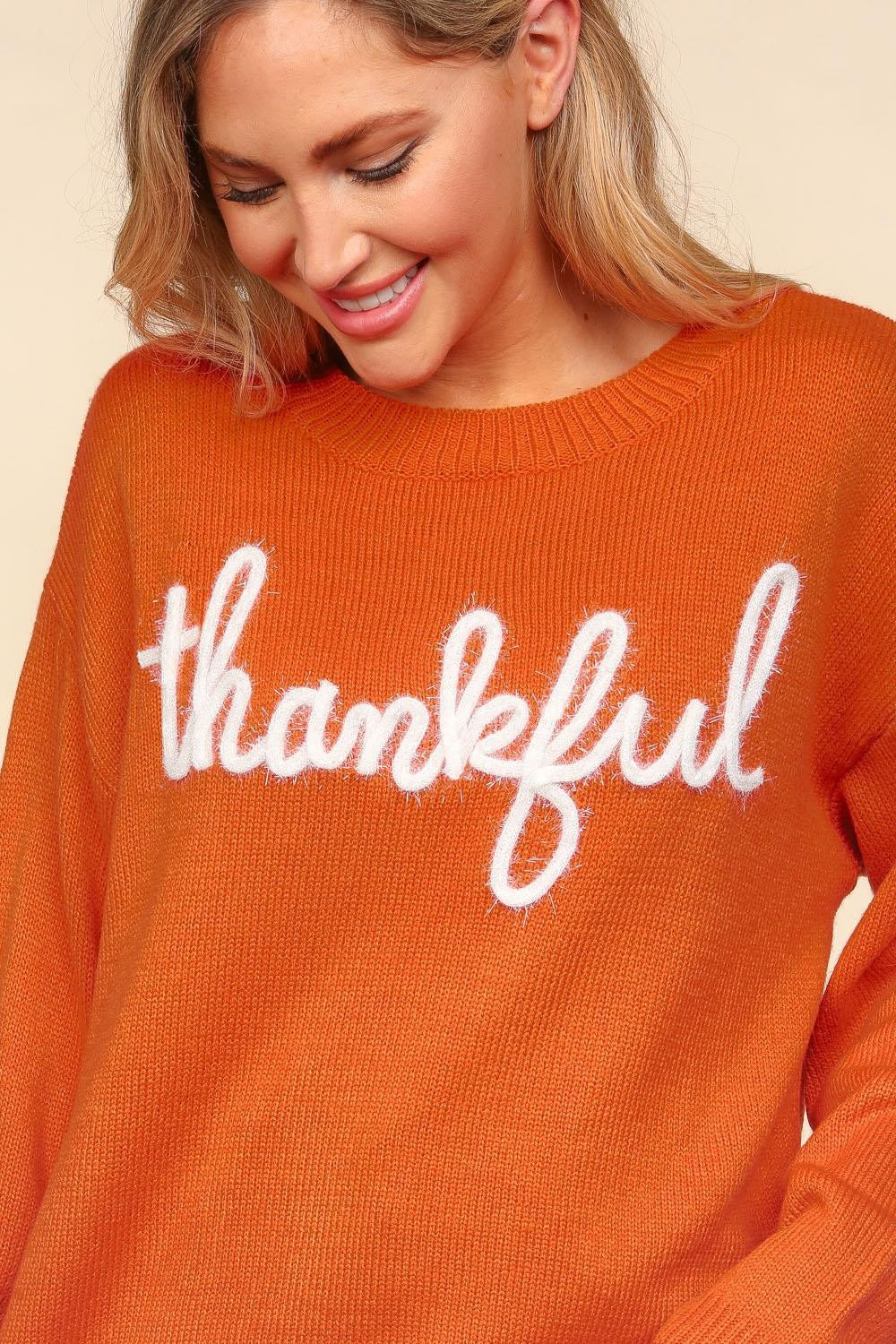 Haptics Size Metallic Glitter Embroidery THANKFUL Sweater